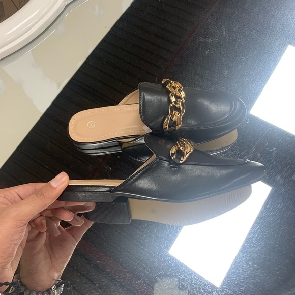 Gold Chain Detail Flat Slip On Mule in Black Faux Leather - Women’s - Picture 7 of 8